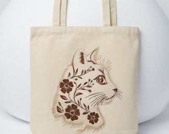 Custom Embroidered Cat Floral Tote Bag, Artistic Animal Canvas Shoulder Bag