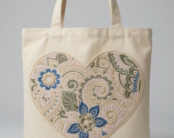 Embroidered Heart Mandala Tote Bag: Bohemian Floral Canvas Shoulder Bag
