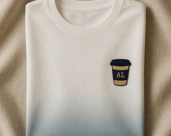 Custom Embroidered Coffee Cup T-Shirt: Minimalist Navy & Gold "AL" Design