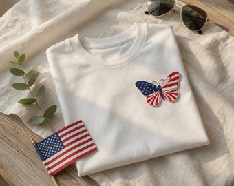 July 4 Independence Day Gift  Custom Embroidered American Flag Butterfly Cotton T-Shirt