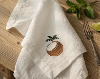 Embroidered Coconut Linen Napkin | Beach Theme Hemstitch Table Decor