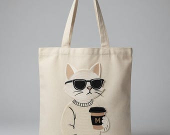 Embroidered Cat Coffee Tote Bag | Lover Canvas Shoulder Bag