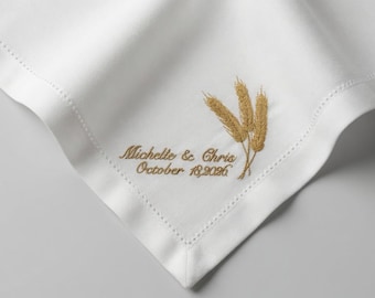 Custom Embroidered Linen Napkin: Golden Wheat Stalks, Couple Names, Wedding Date set of two