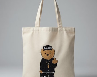 Custom Embroidered Teddy Bear Tote Bag | Street Style NY Canvas Shoulder Bag