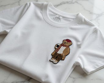 Custom Embroidered Bear T-Shirt | Guinness, Red Beanie, Plaid Scarf (Cotton)