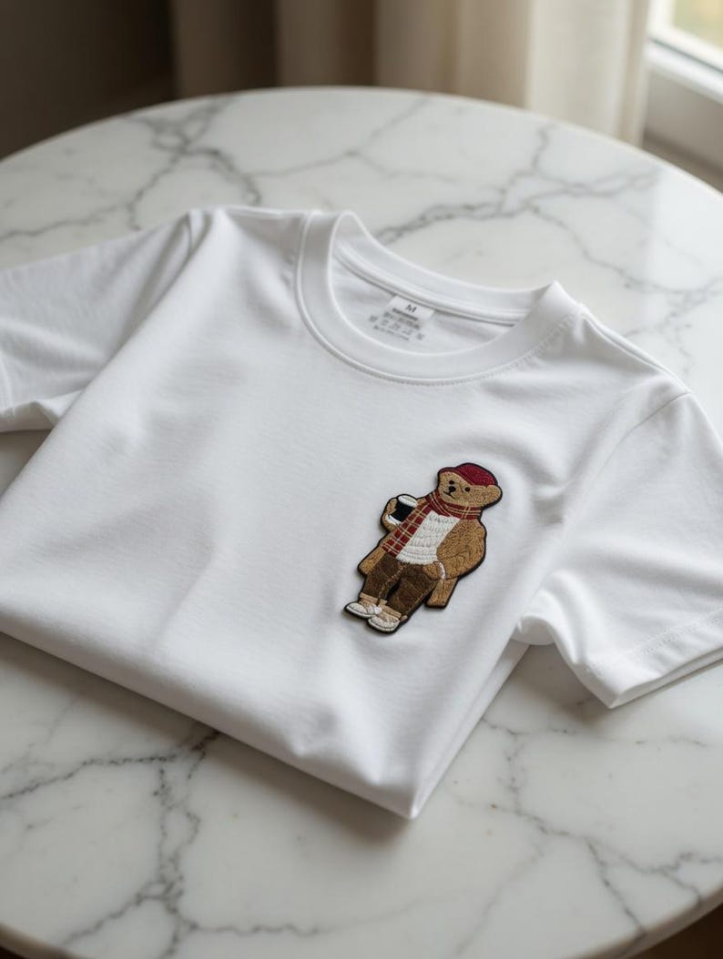 May include: A white t-shirt with a crew neck featuring an embroidered patch of a bear wearing a red hat, scarf, and brown pants, holding a coffee cup. The bear is light brown with white accents. The shirt is on a white marble surface.