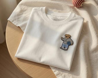 Custom Embroidered Teddy Bear T-Shirt | Gray Hoodie, Basketball Detail, Soft Cotton Tee