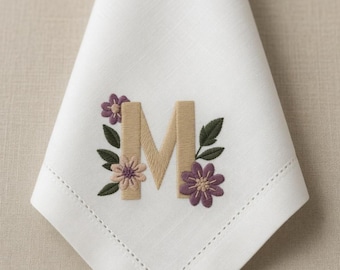 Embroidered Linen Napkin | Monogram Letter M with Purple Flowers, Wedding Table Decor