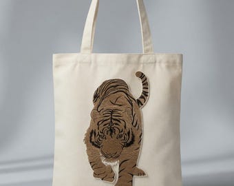 Embroidered Full Body Tiger Tote Bag, Wildlife Canvas Shoulder Bag