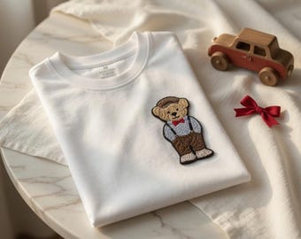 Embroidered Teddy Bear T-Shirt | Dapper Bear with Bow Tie, Suspenders (Cotton)