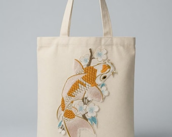 Embroidered Koi Fish Cherry Blossom Tote Bag: Japanese Style Canvas Shoulder Bag