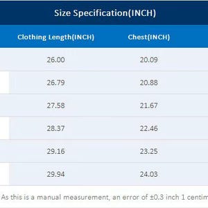 May include: A size specification chart in inches, with measurements for clothing length, chest, and shoulder. Sizes range from S to 3XL, with corresponding measurements. The text at the bottom states that it is a manual measurement.