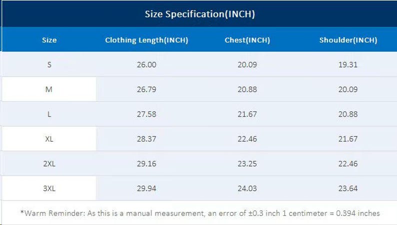 May include: A size specification chart in inches, with measurements for clothing length, chest, and shoulder. Sizes range from S to 3XL, with corresponding measurements. The text at the bottom states that it is a manual measurement.