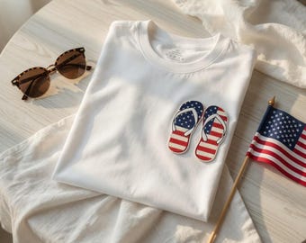 July 4 Independence Day Gift Embroidered American Flag Flip-Flops T-Shirt | Patriotic Summer Cotton Tee