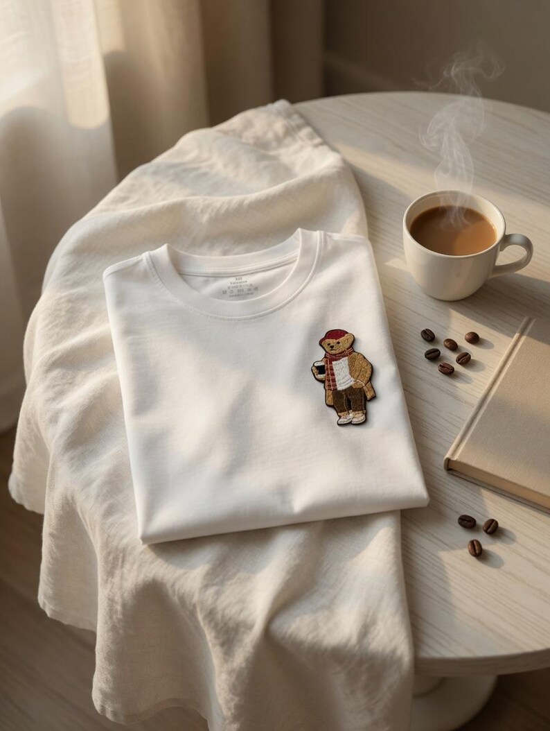 May include: A folded white t-shirt with a bear patch, a cup of coffee, and a book on a round table. The bear patch is wearing a hat and scarf. Coffee beans are scattered on the table.
