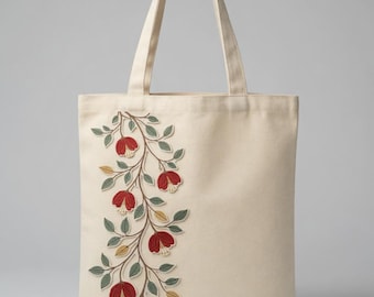 Custom Embroidered Floral Tote Bag – Red Flower Vine Canvas Shoulder Bag