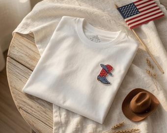 July 4 Independence Day Gift Embroidered American Flag Cowboy Boot T-Shirt | Patriotic Western Tee