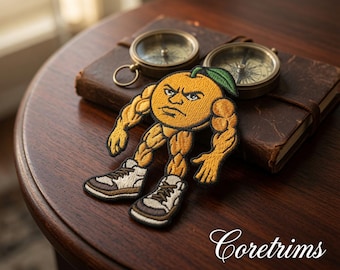 Angry Orange Gym Cartoon Patch | Embroidered Iron-On Appliqué