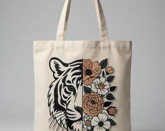 Embroidered Tiger Floral Tote Bag: Artistic Canvas Shoulder Bag