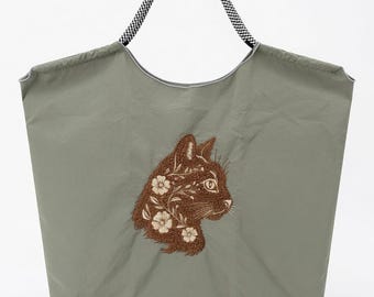 Custom Embroidered Cat Floral Tote Bag Retro Brown Cat Head Sage Green Canvas Shopping Bag Gift Idea