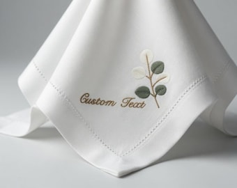 Custom Embroidered Botanical Leaf Napkin | Personalized Eucalyptus Greenery Design with Custom Text | Premium White Linen Dinner Napkin