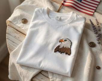 July 4 Independence Day Gift Custom Embroidered Bald Eagle Cotton T-Shirt