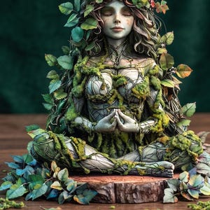 Puede incluir: Una serena escultura de una mujer en pose meditativa, adornada con hojas y enredaderas. La figura está sentada sobre una base de madera, con los ojos cerrados y las manos juntas en oración. La escultura es predominantemente verde y marrón, evocando un tema natural y terrenal.