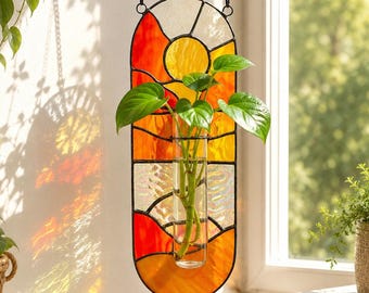 Stained Glass Propagation Station Suncatcher, Hanging Glass Planter for Window, Unique Gift for Plant Lover,Air Plant Holder,Graduation Gift