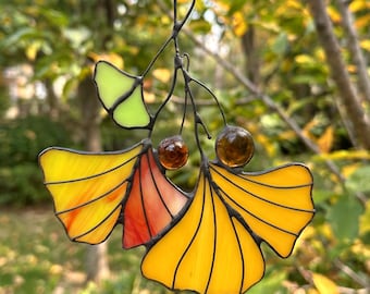 Ginkgo Leaf Window Hanging, Stained Glass Sun Catcher for Spring Decor, Nature Inspired Gift for Dad, Summer Home Decor