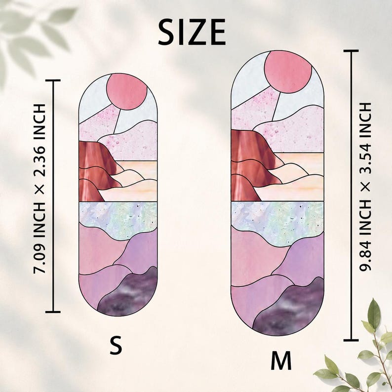 May include: Two stained glass art pieces in a landscape design. The smaller piece is 7.09 inches tall and 2.36 inches wide, while the larger is 9.84 inches tall and 3.54 inches wide. The design features a pink sun, mountains, and purple and pink hues.