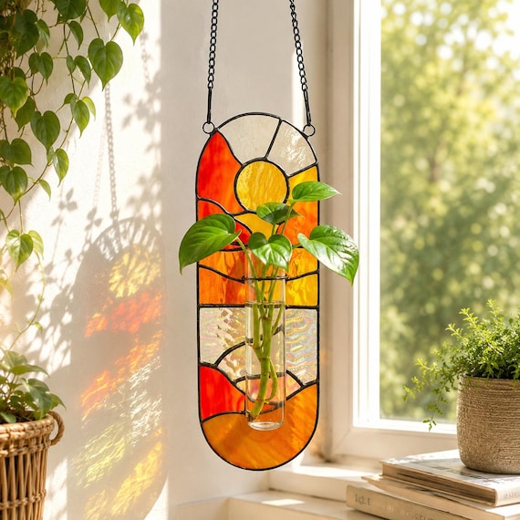Stained Glass Propagation Station Suncatcher, Hanging Glass Planter for Window, Unique Gift for Plant Lover,Air Plant Holder,Graduation Gift
