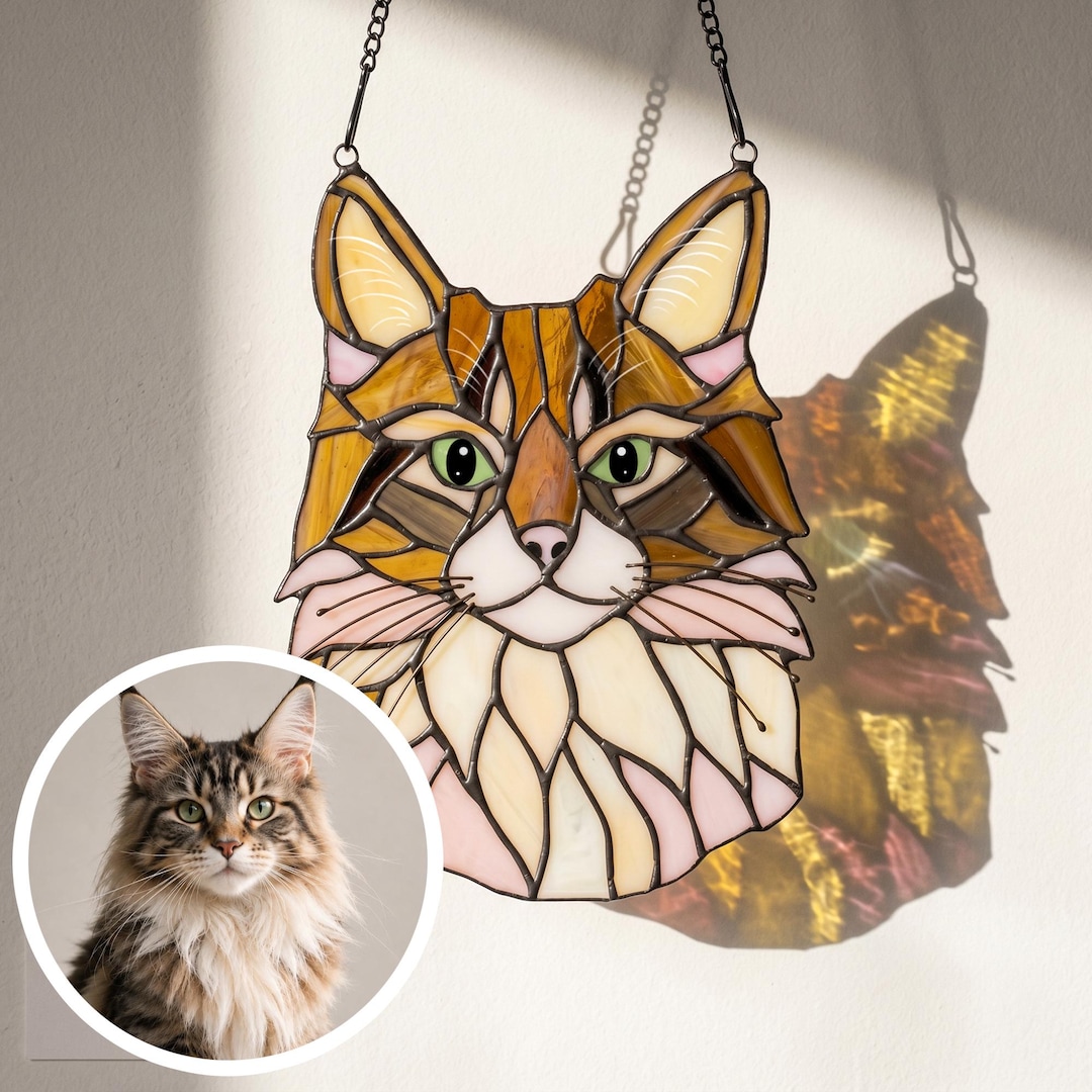 Personalized Stained Glass Pet Memorial Suncatcher, Custom Cat Portrait ...