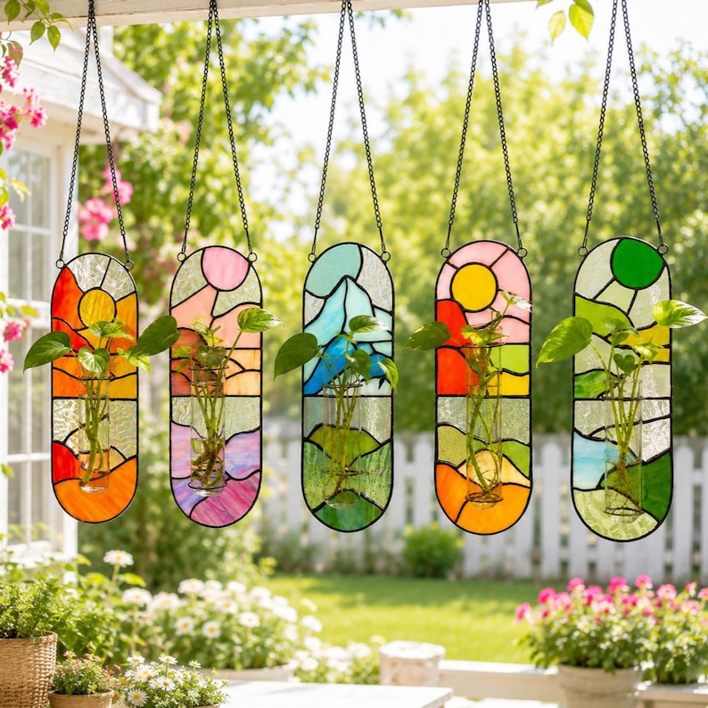 May include: Five hanging stained glass planters with black chain hangers. Each planter features a unique landscape design with vibrant colors, including orange, pink, blue, yellow, and green. Each planter holds a small plant in a glass vase.