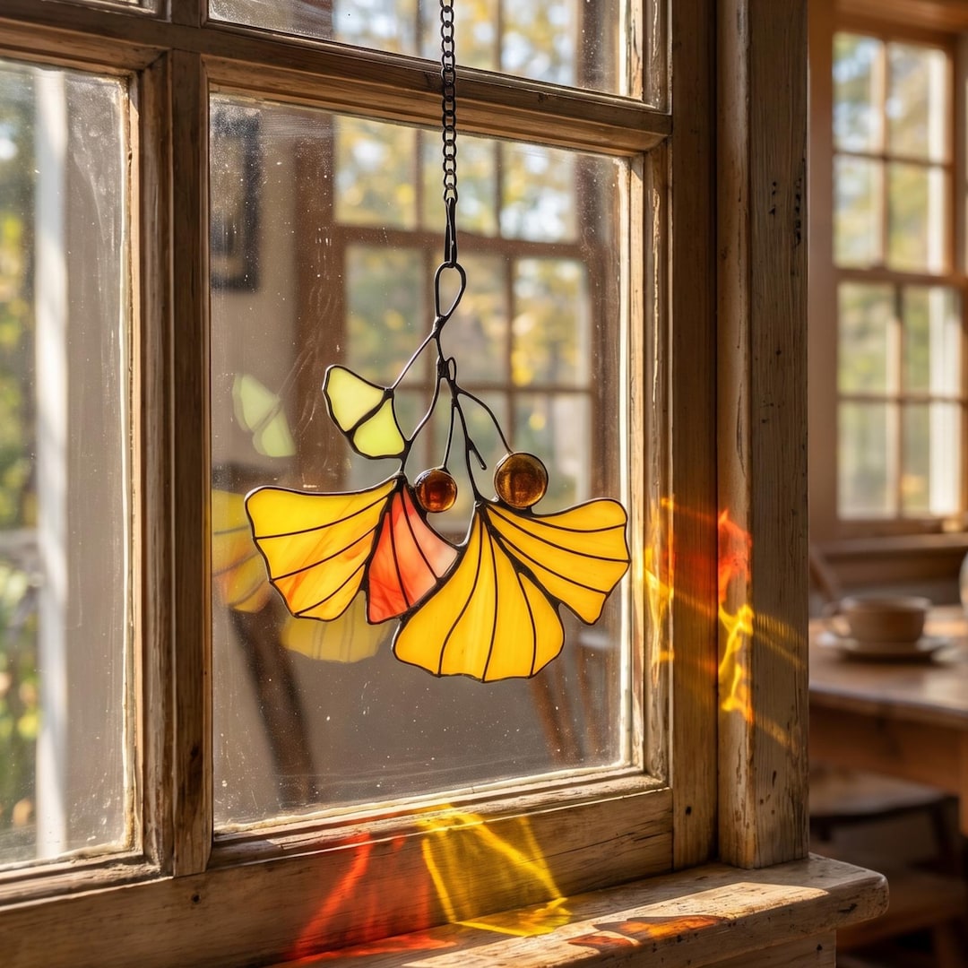 Gingko Window Stained Glass Ginkgo Leaf Suncatcher, Handmade Gingko Window Hanging ...