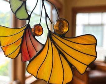 Stained Glass Ginkgo Leaf Suncatcher, Handmade Stained Glass Art for Indoor Plants Decor, Custom Stain Glass Gift for Grandparent