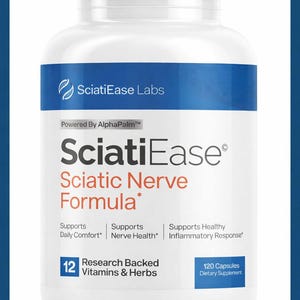 Könnte beinhalten: Eine weiße Flasche mit SciatiEase-Kapseln, einem Nahrungsergänzungsmittel für die Gesundheit des Ischiasnervs. Das Etikett zeigt blauen und weißen Text, darunter "Sciatic Nerve Formula" und "12 Vitamins & Herbs". Die Flasche enthält 120 Kapseln.