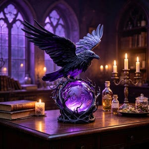 May include: A black raven sculpture with wings spread wide, perched atop a glowing purple orb encased in a dark, twisted branch structure. The raven has sharp, detailed feathers and a focused gaze, creating a striking centerpiece with vibrant light.