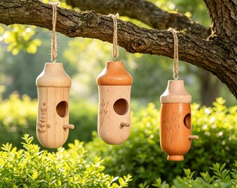 Wooden Hanging Bird Feeder, Natural Hand Carved Bird House Feeder, Outdoor Garden Bird Watching Decor, Backyard Wild Bird Nest Ornament