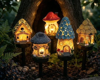 Lampy solarne na paliki w kształcie domków dla wróżek, dekoracje ogrodowe z żywicy, wodoodporne lampy ogrodowe LED, fantazyjne ozdoby ogrodowe