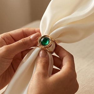 May include: A gold-toned metal napkin ring featuring a circular, polished green stone at its center. The ring has a textured, layered design surrounding the stone, holding a smooth, off-white fabric napkin in place with a soft, draped appearance.