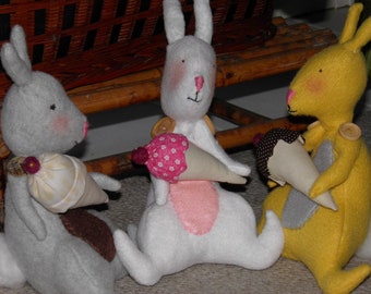 BUNNY RABBITS and Ice Cream Cones Fabric Dolls, Handmade, One of a Kind