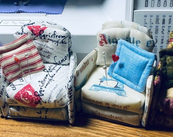 Pin Cushion Chairs with pillow for Sewers Pins and Needle Holder One of a Kind Handmade With Love