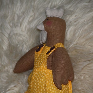 Hen Fabric Doll With 3 Fabric Eggs Handmade One of a Kind Yellow Overalls image 5