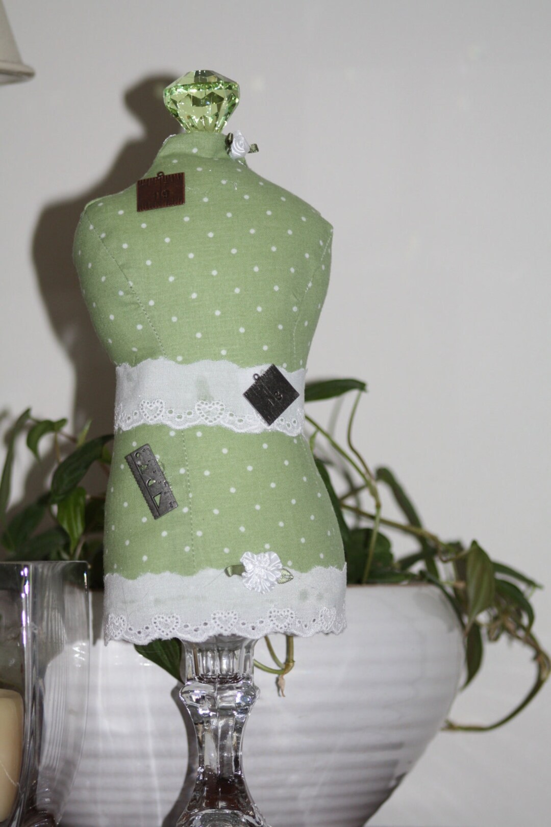 Dressmaker Form Pin Cushion Mannequin Green and White Polka Dot Print