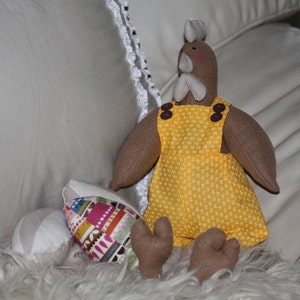 Hen Fabric Doll With 3 Fabric Eggs Handmade One of a Kind Yellow Overalls image 1