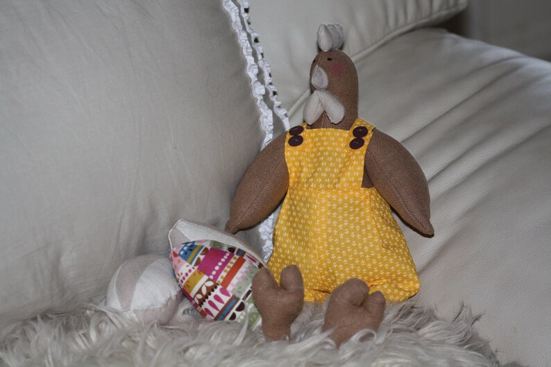 Hen Fabric Doll With 3 Fabric Eggs Handmade One of a Kind Yellow Overalls image 1
