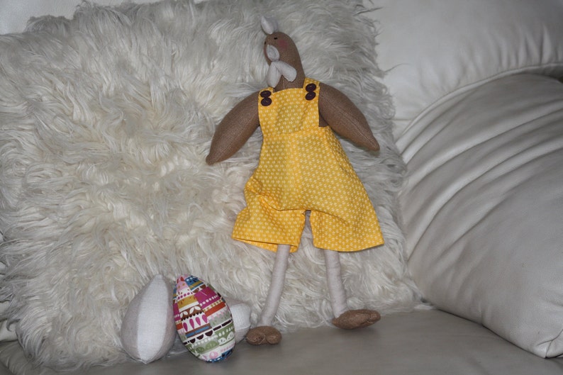 Hen Fabric Doll With 3 Fabric Eggs Handmade One of a Kind Yellow Overalls image 4