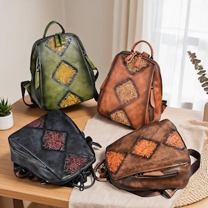 Handmade Leather Backpack, Vintage Patchwork Cowhide Backpack, Genuine Leather Rucksack for Women, Artisan Travel Daypack