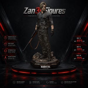May include: A 3D printed figurine of a male character with brown hair, wearing a black tactical shirt, pants, and gloves, holding a rifle. The figure stands on a rocky base labeled Resident Evil, set against a dark background with Zan3D Figures text.
