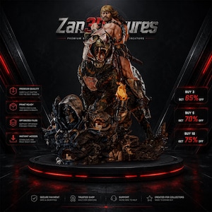 May include: A detailed 3D digital sculpture featuring a muscular warrior with blonde hair riding a large, armored panther. The scene includes a hooded skull figure, a flaming torch, and the text Zan3DFigures displayed at the top center.